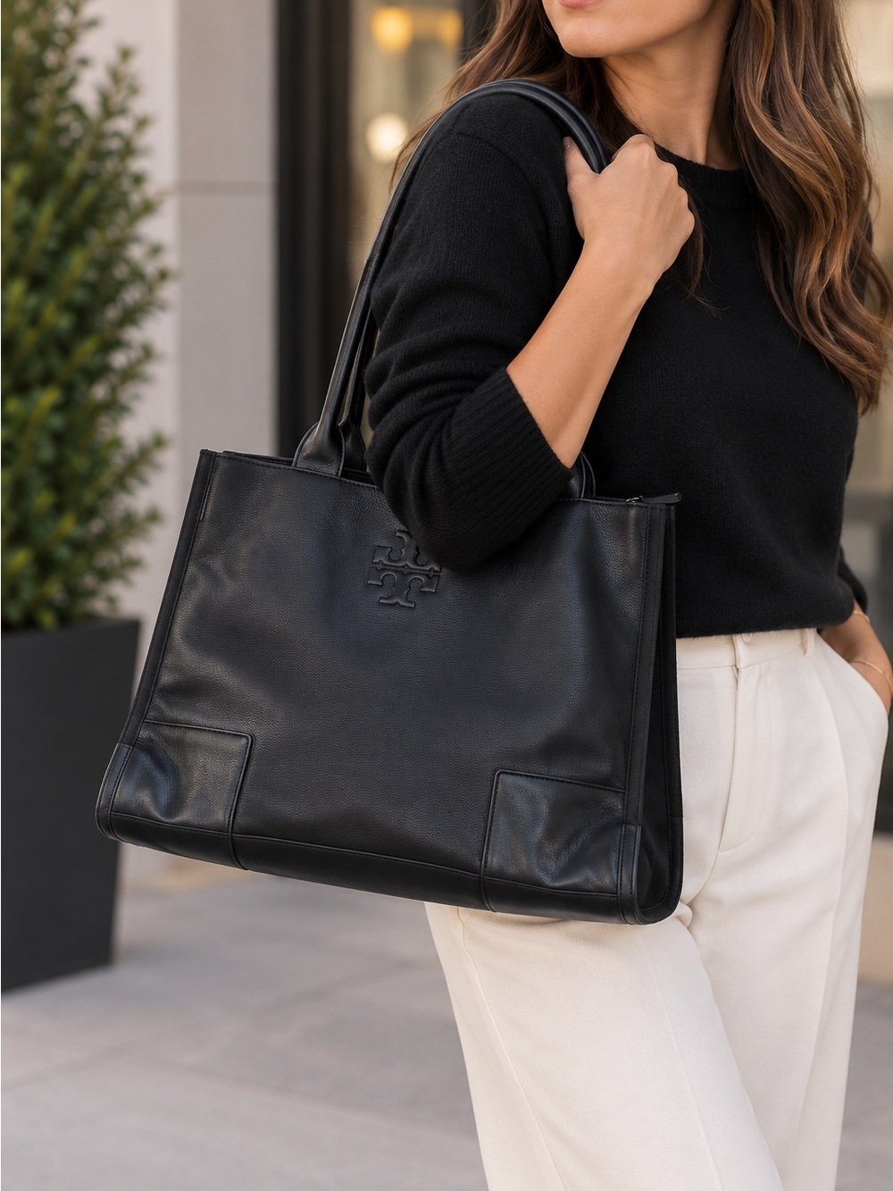 Tory Burch Ella Black Leather & Canvas Tote – Large Work Bag